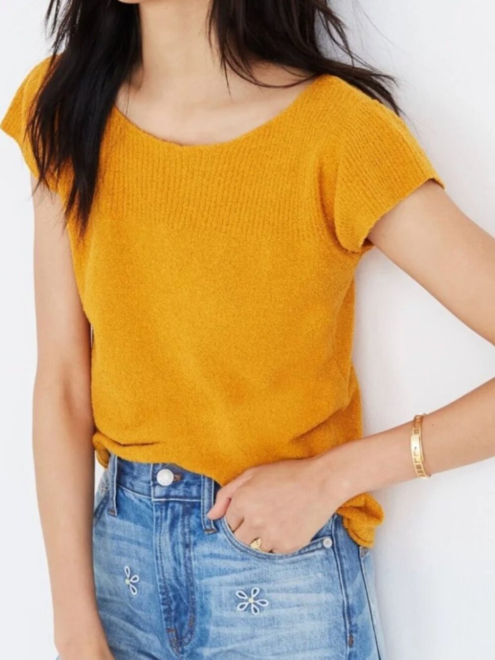 Madewell Marin Sweater Tee Mustard Gold Textured Cotton Knit Cap Sleeve Top S